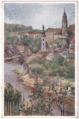  - Český Krumlov - zámek, střed města, kolorovaná