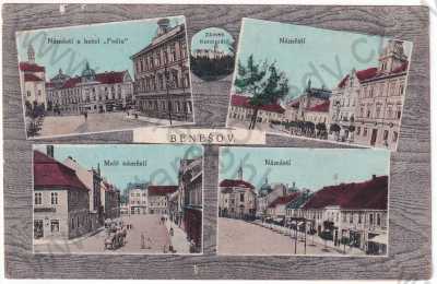  - Benešov - náměstí, hotel Pošta, zámek Konopiště, Malé náměstí, koláž, kolorovaná