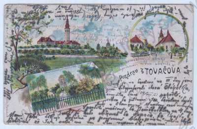  - Tovačov (Přerov), barevná, kolorovaná, koláž, zámek, kostel, fara, pomník padlých vojínů r.1866, DA