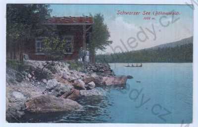  - Černé jezero (Schwarzer See), Klatovy, Šumava, barevná, částečný záběr, loď, žena, muž, chata