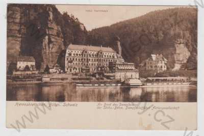  - Hřensko (Herrnskretschen) - Děčín, Hotel Herrnhaus, řeka, parník, České Švýcarsko