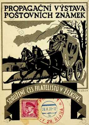  - Propagační výstava poštovních známek 26. - 28. října 1935 - Sdružení čes. filatelistů v Žižkově, kočár, koně, kočí