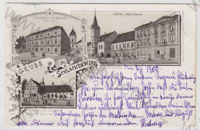  - Ostrov (Schlackenwerth) - Karlovy Vary, více záběrů, zámek, hotel, pensionát, koláž, DA