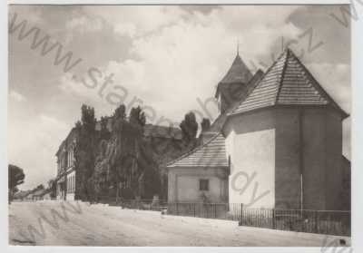  - Mikulčice (Hodonín), pohled ulicí, kostel, velký formát Orbis