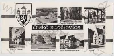  - České Budějovice, více záběrů, Žižkovo náměstí, Kněžská ulice, Černá věž, Věž Železná Panna, Chrám sv. Mikuláše, budova Rozhlasu - pedagogická škola, klášter, Solnice, erb, znak, velký formát Orbis