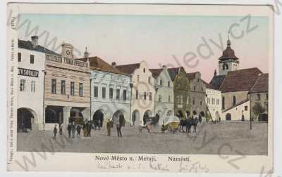  - Nové Město nad Metují (Náchod), náměstí, kůň, povoz, kolorovaná