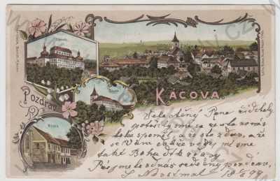  - Kácov (Kutná Hora), více záběrů, celkový pohled, zámek, škola, pošta, kolorovaná, koláž, DA