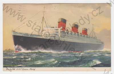  - RMS Queen Mary, zaoceánský parník patřící Britsko-americkému rejdařství, barevná