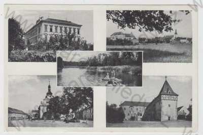  - Budyně nad Ohří (Budin an der Eger) - Litoměřice, více záběrů, náměstí, kostel, řeka, loď, celkový pohled, zámek, škola, koláž