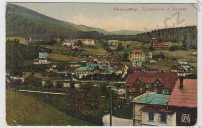  - Špindlerův mlýn (Spindelmühle) - Trutnov, celkový pohled, Krkonoše, kolorovaná