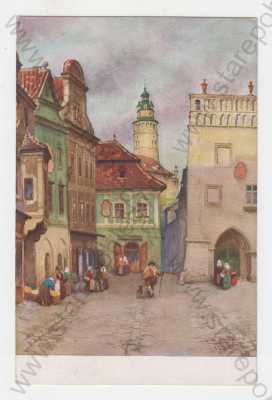  - Český Krumlov (Krumau), barevná, náměstí, zámecká věž, muž, žena, pes