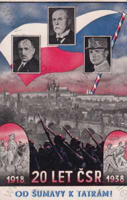  - Jubileum 20 let ČSR 1918-1938, Od Šumavy k Tatrám, Masaryk, portréty, vlajka, Karlům most, Pražský hrad, Hradčany, vojáci