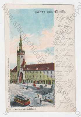  - Olomouc (Olmütz), barevná, radnice, tramvaj, hodiny, kůň, DA