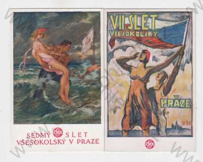  - 2x Sokol, barevná, žena, muž, prapor, VII. všesokolský slet v Praze 1912