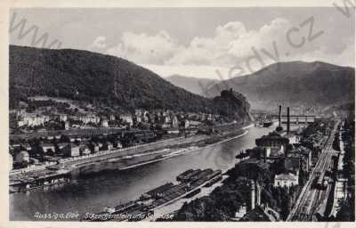  - Ústí nad Labem Aussig an der Elbe Schreckenstein Střekov, celkový pohled, Labe, lodě, železnice