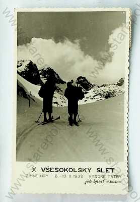  - Slovensko - Vysoké Tatry - Všesokolský slet, zimní hry 1938, muži na lyžích, zasněžená krajina