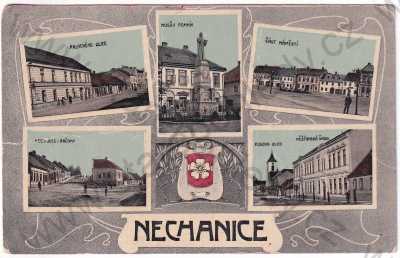  - Nechanice - Palackého ulice, Husův pomník, náměstí, Račany, škola, koláž znak