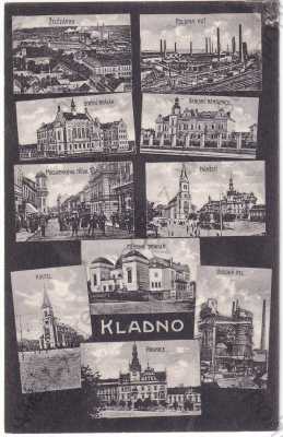  - Kladno - železárny, Poldina huť, škola, nemocnice, Masarykova třída, náměstí, divadlo, kostel, vysoká pec, radnice, koláž