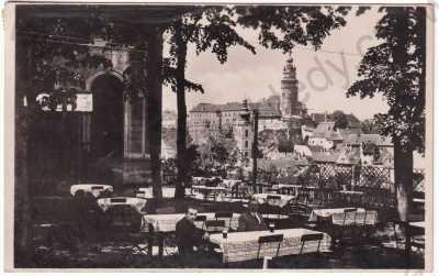  - Český Krumlov - střed města, pohled z venkovní restaurace, razítko