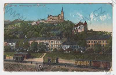  - Ústí nad Labem (Aussig), Větruše, Ferdinandova výšina (Ferdinandshöhe), kolorovaná, částečný záběr města, vagony