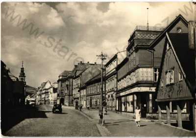  - Vrchlabí, Trutnov, pohled ulicí, automobil, obchody, ORBIS, foto Holoubek