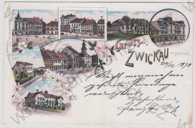  - Cvikov (Zwickau) - Česká Lípa, více záběrů, náměstí, Schützenhaus, nádraží, Turnhalle, část města, kolorovaná, koláž, litografie, DA