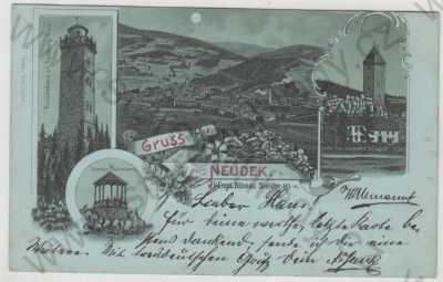  - Nejdek (Neudek) - Karlovy Vary, více záběrů, celkový pohled, rozhledna, altán, kolorovaná, koláž, litografie, DA