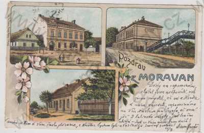  - Moravany (Pardubice), více záběrů, nádraží, část města, kolorovaná, koláž, litografie, DA