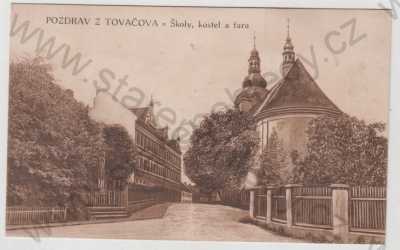  - Tovačov (Přerov), škola, kostel, fara, pohled ulicí