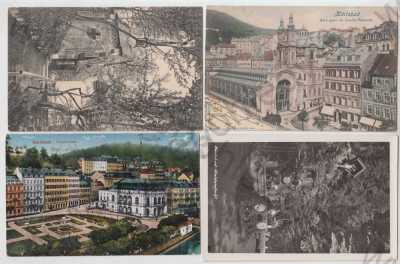  - 4x Karlovy Vary (Karlsbad), kolonáda, lesní kaple, kostel, divadlo, park, kolorovaná