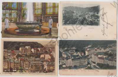  - 4x Karlovy Vary (Karlsbad), panorama, část města, Grand Hotel Pupp, vřídlo, Alte Wiese, kolorovaná, DA