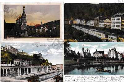  - 4x Karlovy Vary, Karlsbad, lázně, pavilon, restaurace, kostel, celkový pohled