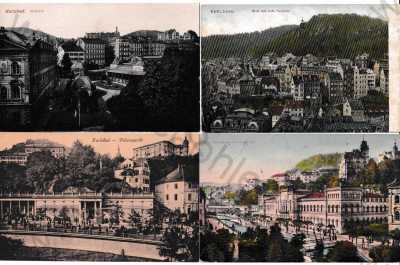  - 4x Karlovy Vary, Karlsbad, lázně, pavilon, pramen, barevná