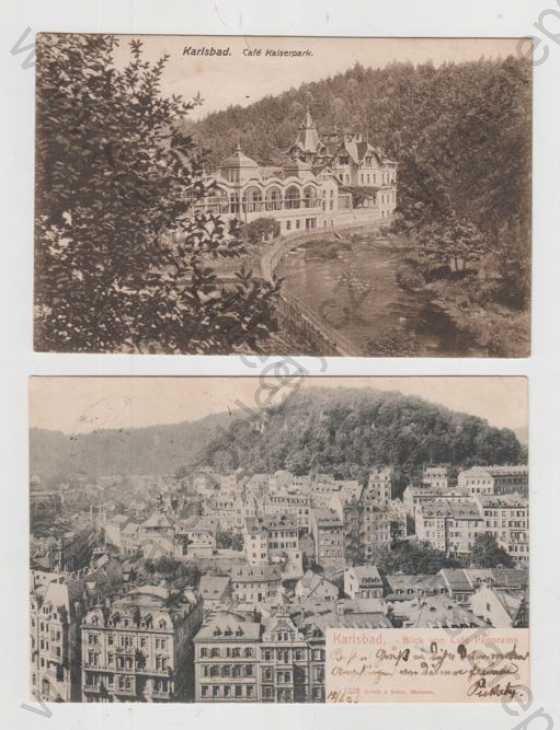  - 5x Karlovy Vary (Karlsbad), pramen, vřídlo, kolonáda, Hotel Imperial, terasa, park, částečný záběr města, DA